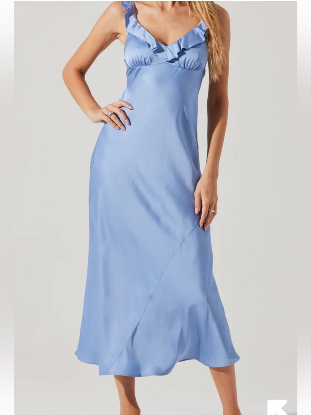 Astr Ruffled V-Neck Midi Dress in Light Blue